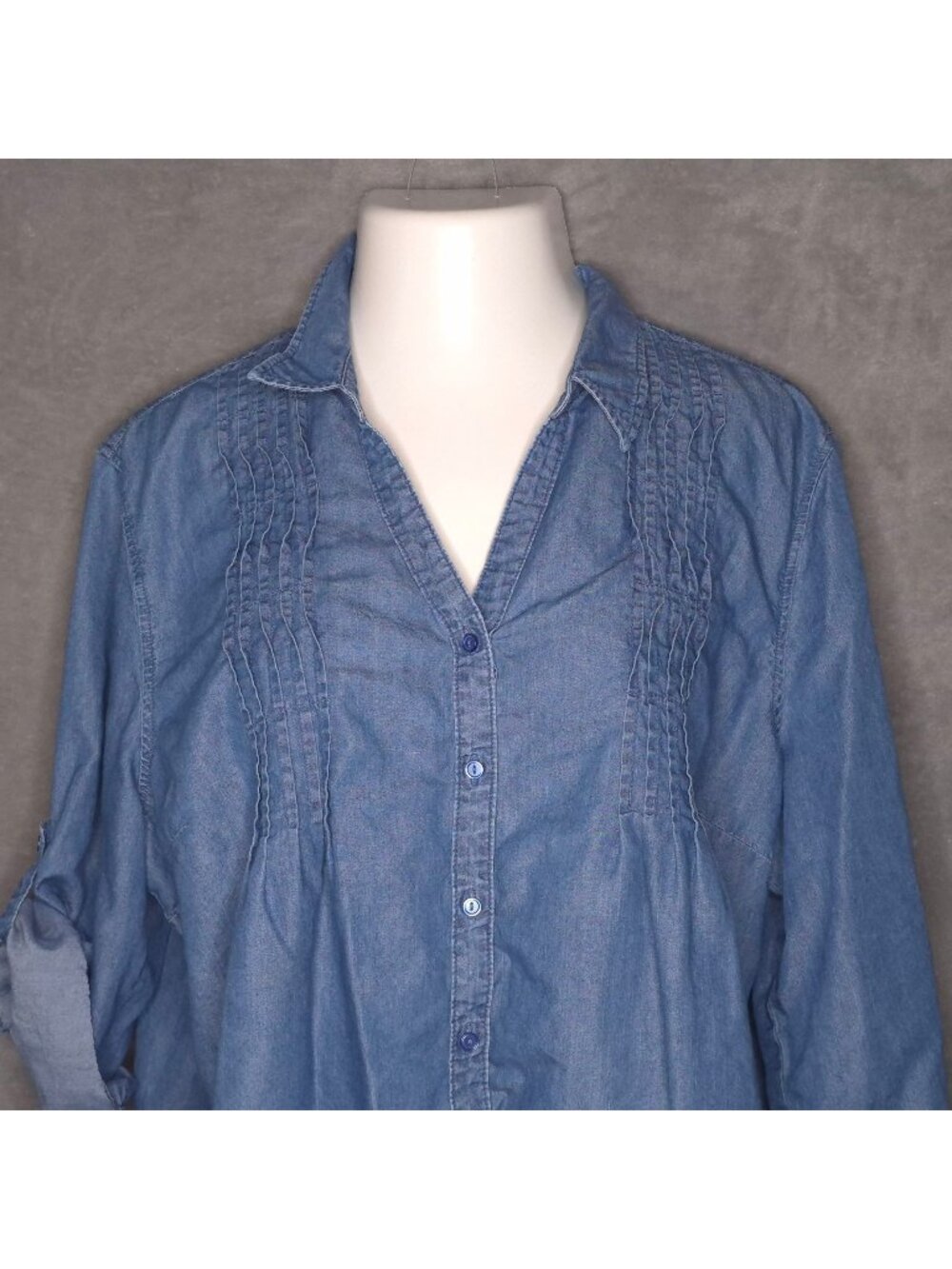 Gloria Vanderbilt Womens XXL Blue Denim Button-Up Shirt Convertible Sleeves